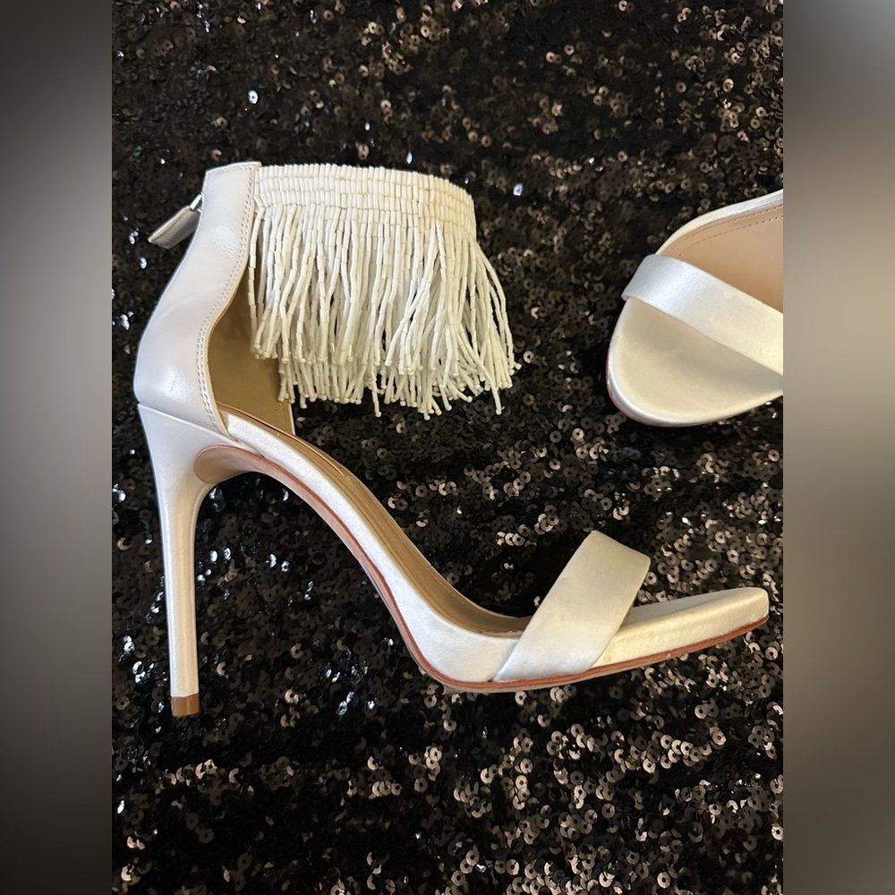 BCBG open toe heels with pearl white beads